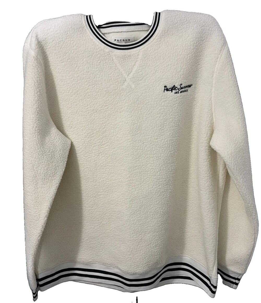 PacSun Mens Cream Sherpa Fleece Pullover Sweatshirt Striped Trim Large L